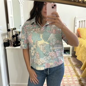 Vintage 90’s Top L Collared Ribbed Knit Cotton Button Short Sleeve Pastel Print